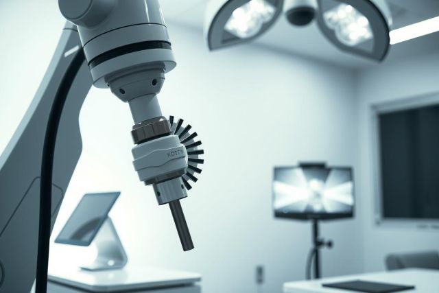 Close-up of surgical microscope in a medical operating room. Sterile environment with bright lights and monitors visible. Focus on precision and detail in a clinical setting.