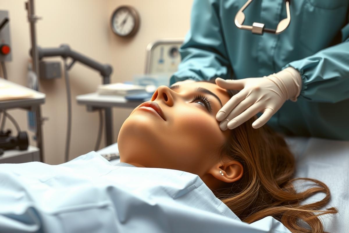 The image shows a woman lying on a medical examination bed, with her head and upper torso visible. A surgeon or healthcare professional wearing surgical attire is holding the patient's head steady while performing a procedure or check-up. The setting appears to be an operating room or a medical clinic, as indicated by the presence of medical equipment in the background.