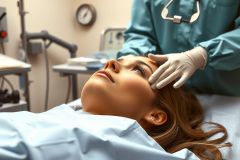 The image shows a woman lying on a medical examination bed, with her head and upper torso visible. A surgeon or healthcare professional wearing surgical attire is holding the patient's head steady while performing a procedure or check-up. The setting appears to be an operating room or a medical clinic, as indicated by the presence of medical equipment in the background.