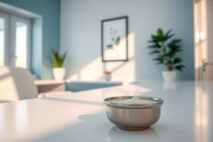 Close-up of a ceramic bowl on a white table, bathed in warm sunlight. Minimalist interior setting with plants and a blurred background. Soft, natural light and a serene atmosphere.