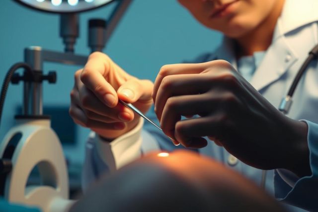 Close-up of a doctor or dentist using a surgical instrument. Focus on precision and medical examination. Sterile environment, professional setting, bright light, healthcare theme.