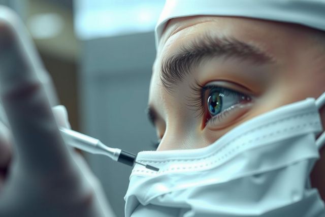 Close-up of a healthcare professional wearing a mask, likely a dentist or doctor, holding a dental tool. Focus on eyes and mask, suggesting a medical procedure or examination.