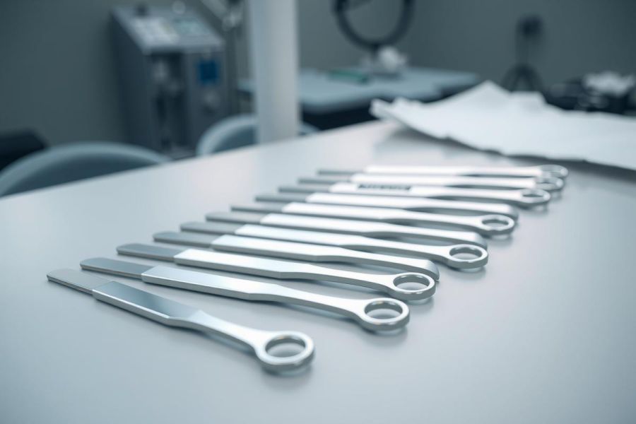 Surgical instruments laid out on a sterile medical surface. Close-up view of metallic tools in a clean, clinical environment. Focus on precision and healthcare.