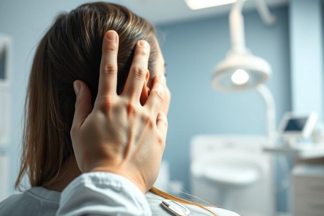 Dental exam scene: A patient shields their eyes while a dentist examines them in a modern blue-toned clinic. Bright dental light illuminates the room. Healthcare, dentistry, and patient care concepts are depicted.
