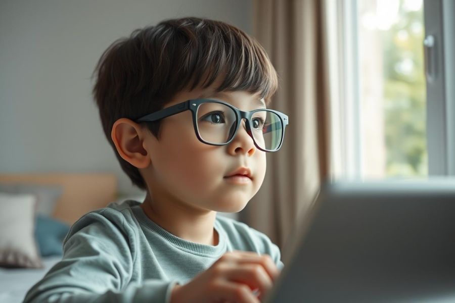 A young boy wearing glasses intently looks at a tablet in a bright, cozy room. The image features a child, learning, technology, and a home environment, with natural light from a window. Soft greens and browns dominate the color palette.