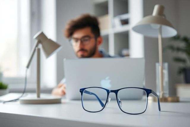 Man working on laptop in bright, modern home office. Blue-rimmed glasses on desk, natural light, and minimalist decor create a productive workspace. Focus on technology and remote work lifestyle.