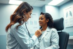 Doctor examining patient in a clinic setting. A female physician in a white coat uses a stethoscope to listen to a patient’s chest. Blue walls and medical charts are visible in the background. Healthcare, medical checkup, and patient care concepts.