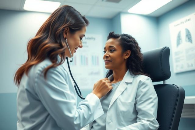Doctor examining patient in a clinic setting. A female physician in a white coat uses a stethoscope to listen to a patient’s chest. Blue walls and medical charts are visible in the background. Healthcare, medical checkup, and patient care concepts.