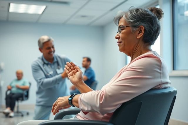 Healthcare scene: A smiling senior woman sits in a medical facility, likely receiving care. A doctor interacts with her, with other patients visible in the background. The setting features neutral blue walls and bright lighting, suggesting a modern clinic or hospital environment. Focus on senior health, medical care, and patient well-being.