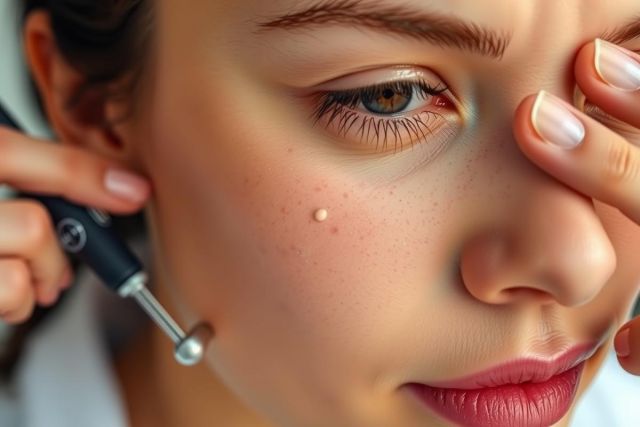 Close-up of a woman's face, likely in the context of skincare or dermatological consultation. She is examining her skin with a magnifying glass and appears to be interacting with an electronic device that may be an instrument for measuring skin condition.