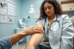 Doctor examining patient's arm in a bright, blue medical office. Healthcare professional providing care, likely diagnosing a skin condition. Focus on doctor-patient interaction and medical examination.