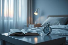 Cozy bedroom scene with an open book, glass of water, and vintage alarm clock on a nightstand. Soft blue tones and gentle morning light create a peaceful and relaxing atmosphere. Ideal for sleep, reading, or calming interior design themes.