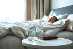 Person sleeping peacefully under a white duvet in a bedroom. Soft light, cozy atmosphere with a table, book, and glass of water nearby. Relaxing interior scene.