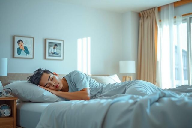 The image depicts a person in a room lying on a bed, possibly asleep. The room has natural light coming through the window, and there are pictures or posters on the wall behind the bed. 