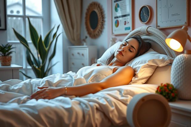 The image shows a woman lying in bed. She appears to be asleep or resting. The room is softly lit and has a cozy atmosphere with a pinkish hue.