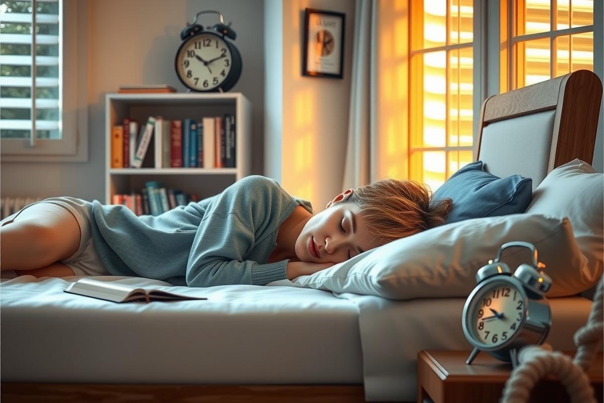 The image features a young child lying in bed with their eyes closed, possibly asleep. The room has a warm and cozy ambiance with soft lighting coming through the window, casting gentle shadows on the wall.