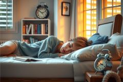 The image features a young child lying in bed with their eyes closed, possibly asleep. The room has a warm and cozy ambiance with soft lighting coming through the window, casting gentle shadows on the wall.