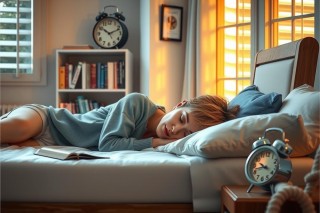 The image features a young child lying in bed with their eyes closed, possibly asleep. The room has a warm and cozy ambiance with soft lighting coming through the window, casting gentle shadows on the wall.