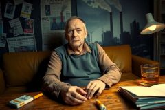 The image shows a man seated on a couch, appearing to be in deep thought or contemplation. The room has a cluttered appearance with various items scattered about, suggesting a lived-in space.

