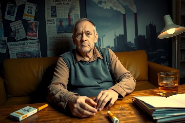 The image shows a man seated on a couch, appearing to be in deep thought or contemplation. The room has a cluttered appearance with various items scattered about, suggesting a lived-in space.
