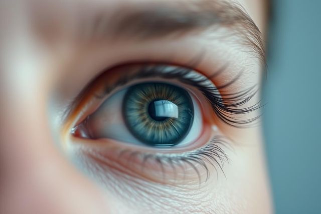 Close-up of a striking blue-green eye with long eyelashes and warm brown tones. The detailed portrait showcases iris texture and highlights, set against a blurred gray background. Beauty, eyes, portrait, detail, macro photography.