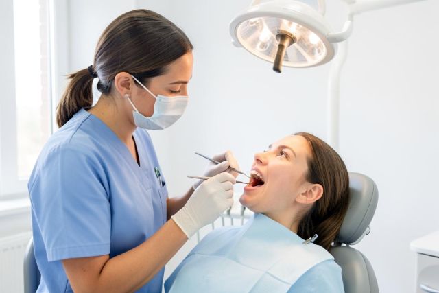 Dental hygienist wearing a mask examines a patient's open mouth under an exam light during a routine gum check.
