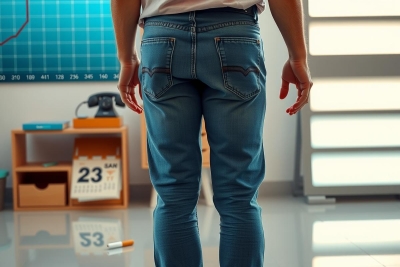 The image depicts a person from behind, standing in what appears to be an office or classroom setting. The individual is wearing blue jeans and a dark top. There are educational elements visible in the background such as a calendar with numbers and possibly a board with some notes or graphs.