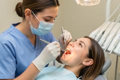 Dental clinician in mask examines a patient's open mouth with mirror and probe.