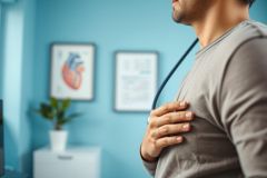 Close-up of a man in a gray shirt holding a stethoscope to his chest. Blue background with anatomical heart diagram and plant. Healthcare, medical examination, cardiology concept. Focus on health and wellness.