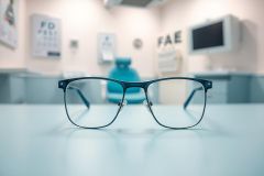Stylish blue eyeglasses resting on a light blue surface in an optometrist's office. The background shows eye charts, a chair, and medical equipment, creating a healthcare and vision care context. Focus is on the glasses, showcasing their modern design.