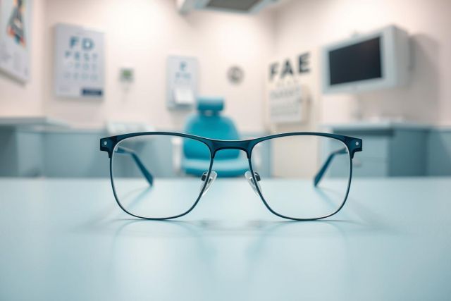 Stylish blue eyeglasses resting on a light blue surface in an optometrist's office. The background shows eye charts, a chair, and medical equipment, creating a healthcare and vision care context. Focus is on the glasses, showcasing their modern design.