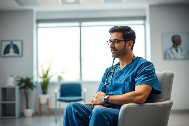 Thoughtful male doctor in blue scrubs sits in a waiting room. The healthcare professional, wearing glasses and a stethoscope, reflects in a modern, light-filled office setting with medical artwork visible. A calm and professional medical environment.