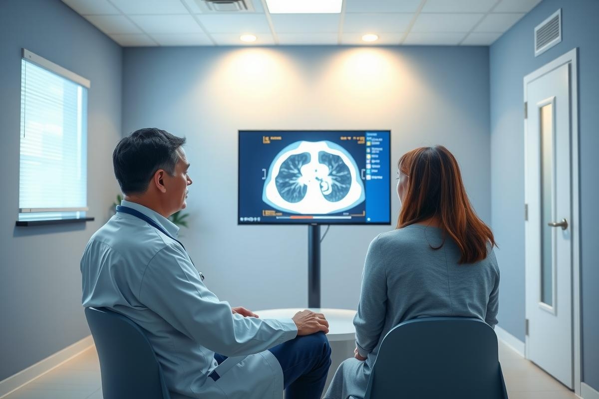 Doctor and patient reviewing medical imaging (chest X-ray) in a clinic. Healthcare professional discussing diagnosis. Diagnostic radiology, medical consultation, patient care, digital imaging.