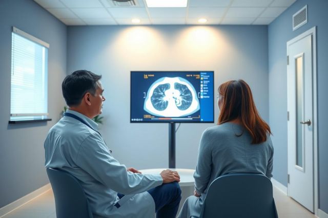 Doctor and patient reviewing medical imaging (chest X-ray) in a clinic. Healthcare professional discussing diagnosis. Diagnostic radiology, medical consultation, patient care, digital imaging.