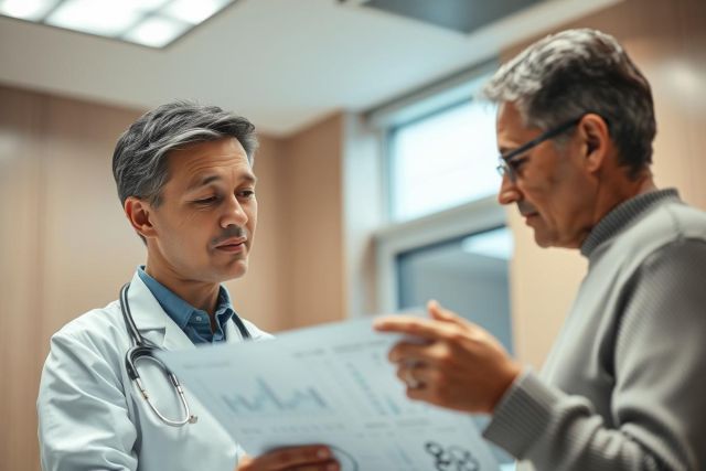 Doctor discussing medical results with a patient in a bright, modern clinic. Grey and white tones dominate, showing a healthcare consultation focused on data and well-being. Medical professional, patient, examination, health checkup.