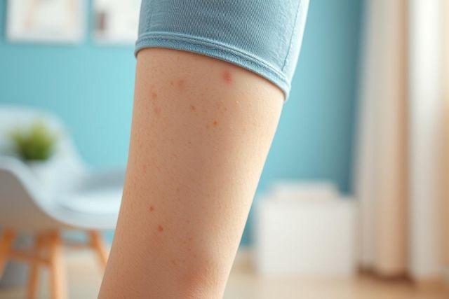 Close-up of a human leg with visible mosquito bites. Red, itchy welts are present on the skin. The background shows a blurred living room with blue walls, suggesting an indoor setting. Focus on insect bites, skin irritation, and allergy symptoms.