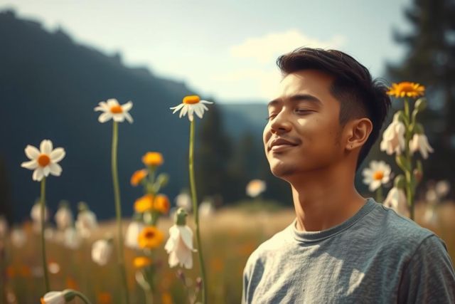 The image is a portrait of a young man with short hair, wearing a gray shirt. He has a slight smile and appears relaxed, possibly enjoying the outdoors. The background shows a field of wildflowers in bloom, including daisies and sunflowers, suggesting a peaceful, natural setting, likely a summer season.