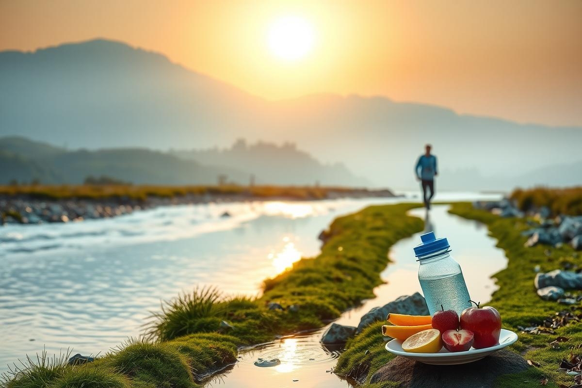 The image depicts a tranquil outdoor scene with a hiker walking along a riverbank during sunrise or sunset. The person is silhouetted against the warm, golden sky, suggesting early morning or late evening. A water bottle and fresh fruit are resting on a rock nearby, possibly indicating that the hiker has taken a break for hydration and nourishment.