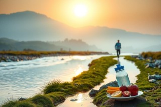 The image depicts a tranquil outdoor scene with a hiker walking along a riverbank during sunrise or sunset. The person is silhouetted against the warm, golden sky, suggesting early morning or late evening. A water bottle and fresh fruit are resting on a rock nearby, possibly indicating that the hiker has taken a break for hydration and nourishment. 