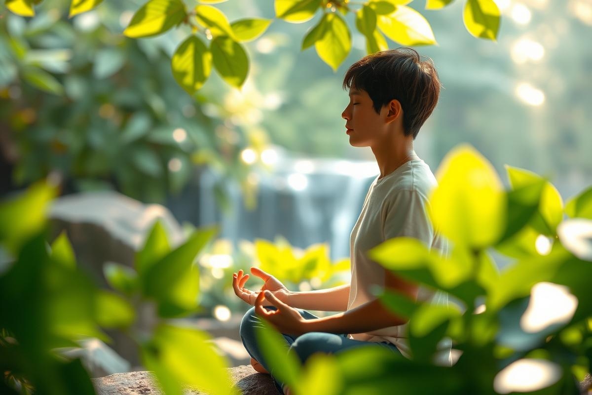 The image shows a person sitting in meditation pose, with hands clasped together and eyes closed. The individual appears to be surrounded by green foliage, possibly trees or bushes, suggesting a peaceful, natural setting such as a forest or garden. The focus is on the person and their serene activity within this tranquil environment.