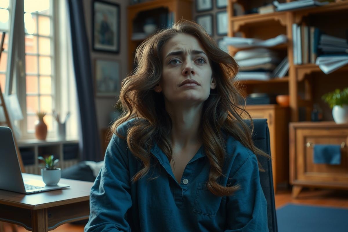 In the image, a young woman is seated at a desk in an office setting. She appears to be deep in thought or possibly experiencing a moment of stress or concern.