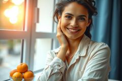 Woman in a white shirt stands near a window with oranges, smiling. Natural light and a calm, inviting atmosphere create a peaceful interior scene. Portrait showcasing a relaxed and happy moment.