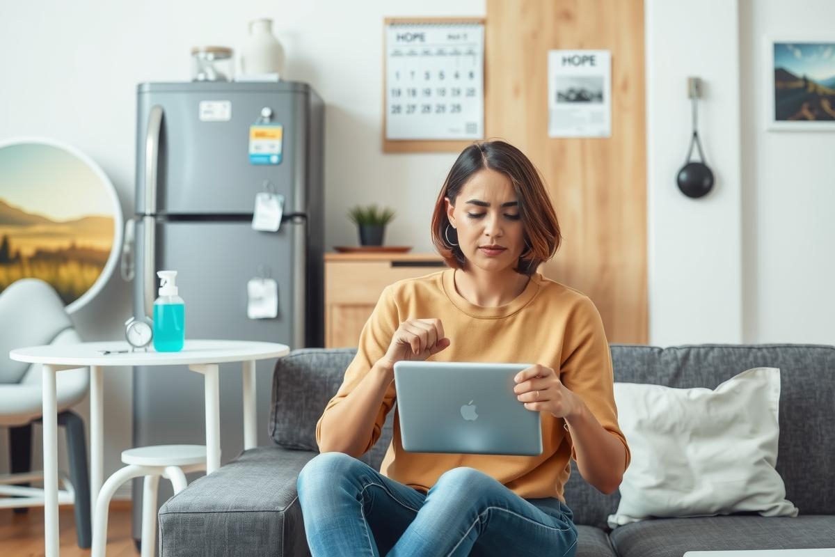 A woman sitting on a modern, minimalistic sofa, working on a tablet. She is focused on the screen, wearing casual clothing and her environment includes contemporary furniture such as an armchair with a round back, a coffee table, and a fridge in the background.