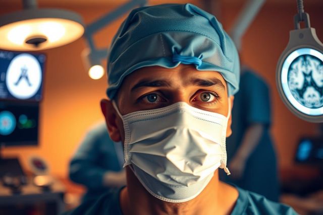 The image depicts a professional medical setting with a male surgeon at the center. The surgeon is wearing scrubs, a surgical cap, and has an intense look on his face while looking towards the camera.