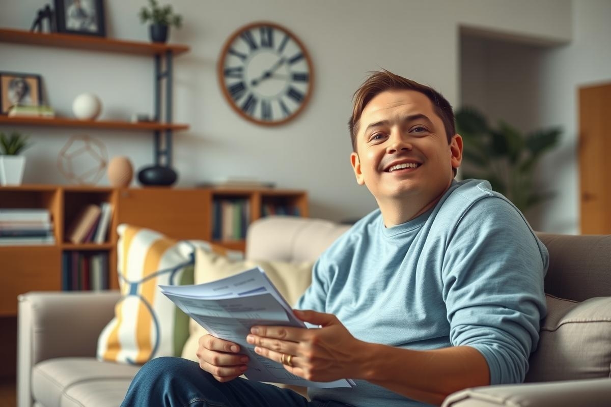 The image shows a man sitting on a couch, smiling and reading a piece of paper or document. He is wearing a casual sweatshirt and appears to be in a comfortable home setting with decorative items like a clock and plants.