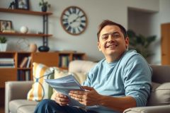 The image shows a man sitting on a couch, smiling and reading a piece of paper or document. He is wearing a casual sweatshirt and appears to be in a comfortable home setting with decorative items like a clock and plants. 