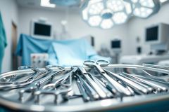 Surgical instruments arranged on a tray in a sterile operating room. Stainless steel tools are sharply focused against a blurred background of blue drapes, medical monitors, and bright overhead lights. A clinical, healthcare setting emphasizing precision and hygiene.