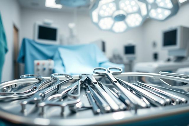 Surgical instruments arranged on a tray in a sterile operating room. Stainless steel tools are sharply focused against a blurred background of blue drapes, medical monitors, and bright overhead lights. A clinical, healthcare setting emphasizing precision and hygiene.