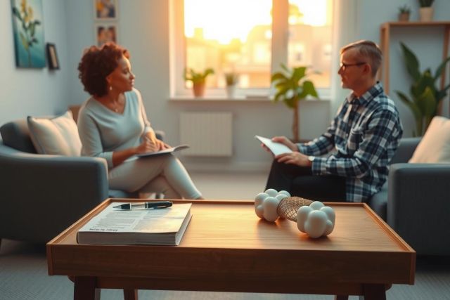 The image shows a man and a woman engaged in an interview or discussion. The setting is a modern living room with a comfortable couch and a table visible. Both individuals are seated, suggesting a relaxed and informal atmosphere. They appear to be conversing about something of importance, given the focused expressions on their faces.