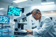 Scientist in a lab examining a sample under a microscope. The bright, modern lab features monitors displaying scientific data. Focus is on research, biology, and medical science with a professional, focused atmosphere. Predominant colors are white and blue.